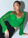 Front view of model wearing  front Princess Polly Sleeveless Asymmetric Neckline  Stimpson Long Sleeve Top Green