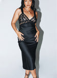 Front view of model wearing  front Princess Polly Asymmetric Neckline  Bel Air Midi Dress Black