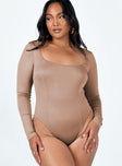 front view of model wearing Princess Polly Shuler Long Sleeve Bodysuit Pink Full Sleeves Square Neck 