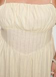 back view of model wearing Princess Polly Slow Dance Linen Blend Maxi Dress Cream / Blue Curve Straight Neck 