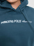 back view of model wearing Princess Polly Princess Polly Hooded Sweatshirt Block / Cursive Text Slate Curve 