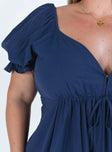 Front view of model wearing  front Princess Polly Asymmetric Neckline  Blissful Mini Dress Navy Curve