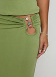   side view of model wearing Princess Polly Sun Chaser Maxi Skirt Green Maxi 