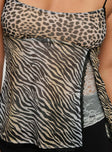 back view of model wearing Princess Polly Golden Age Split Cami Top Leopard Multi Sleeveless Square Neck 