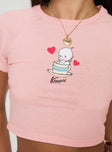 back view of model wearing Princess Polly Kewpie Little Tea Cup Baby Tee Pink Short Sleeves Crew Neck 