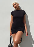 Front view of model wearing  front Princess Polly Asymmetric Neckline  Jonas Mini Dress Black