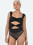 front view of model wearing Princess Polly Grandis Bodysuit Black Sleeveless Sweetheart 