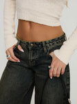 side view of model wearing Princess Polly Ribbon Stamp Wide Leg Jeans Antique Wash Petite Low Rise Jeans 