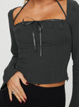 side view of model wearing Princess Polly Trynia Long Sleeve Top Grey Full Sleeves Square Neck 