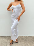 Front view of model wearing  front Princess Polly Crew Neck  Beryl Maxi Dress Silver