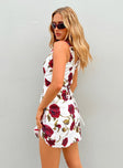 Front view of model wearing  front Princess Polly Sweetheart Neckline  Nellie Mini Dress White / Red Floral