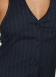 Vest top Pinstripe print, v neckline, halter style, button fastening, split hem Non-stretch material, unlined 