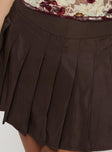 back view of model wearing Princess Polly Dorofia Pleat Mini Skirt Chocolate Brown Mini Skirts 