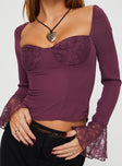 front view of model wearing Princess Polly Softer Side Long Sleeve Top Wine Full Sleeves Sweetheart 