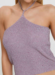 back view of model wearing Princess Polly Runaway Baby Top Purple Sleeveless Asymmetric Neckline 