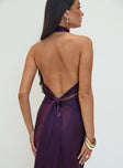 back view of model wearing Princess Polly Rosaminta Halter Maxi Dress Plum High Neck 