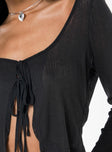 Front view of model wearing  front Princess Polly Three Fourth Sleeves Scoop Neck  Barbaro Long Sleeve Top Black