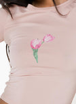 Front view of model wearing  front Princess Polly Full Sleeves High Neck  Tulips Tee Pink