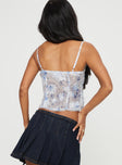 back view of model wearing Princess Polly Kemmie Top Blue / Multi Sleeveless Square Neck 