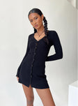 back view of model wearing Princess Polly Waldin Long Sleeve Mini Dress Black V-Neck 