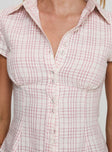 front view of model wearing Princess Polly Cottesloe Blouse Top Pink Check Short Sleeves V-Neck 