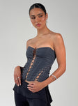 Front view of model wearing  front Princess Polly Sleeveless Asymmetric Neckline  Eden Lace Up Corset Blue