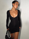 Front view of model wearing  front Princess Polly Scoop Neck  Kingsland Long Sleeve Mini Dress Black