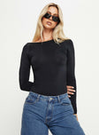 front view of model wearing Princess Polly Gatewood Long Sleeve Bodysuit Black Tall Full Sleeves Boat Neck 