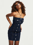 Front view of model wearing  front Princess Polly Square Neck  Sanaa Denim Mini Dress Blue