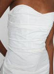 back view of model wearing Princess Polly Bradwell Strapless Mini Dress White Sweetheart Neckline 