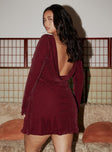 back view of model wearing Princess Polly Leshner Long Sleeve Mini Dress Burgundy Curve 