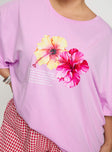 side view of model wearing Princess Polly Hibiscus Haven Oversized Tee Pink Curve Half Sleeves Crew Neck 