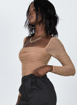 side view of model wearing Princess Polly Delany Bodysuit Beige Full Sleeves Square Neck 