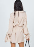 back view of model wearing Princess Polly Forbidden Mini Dress Beige 