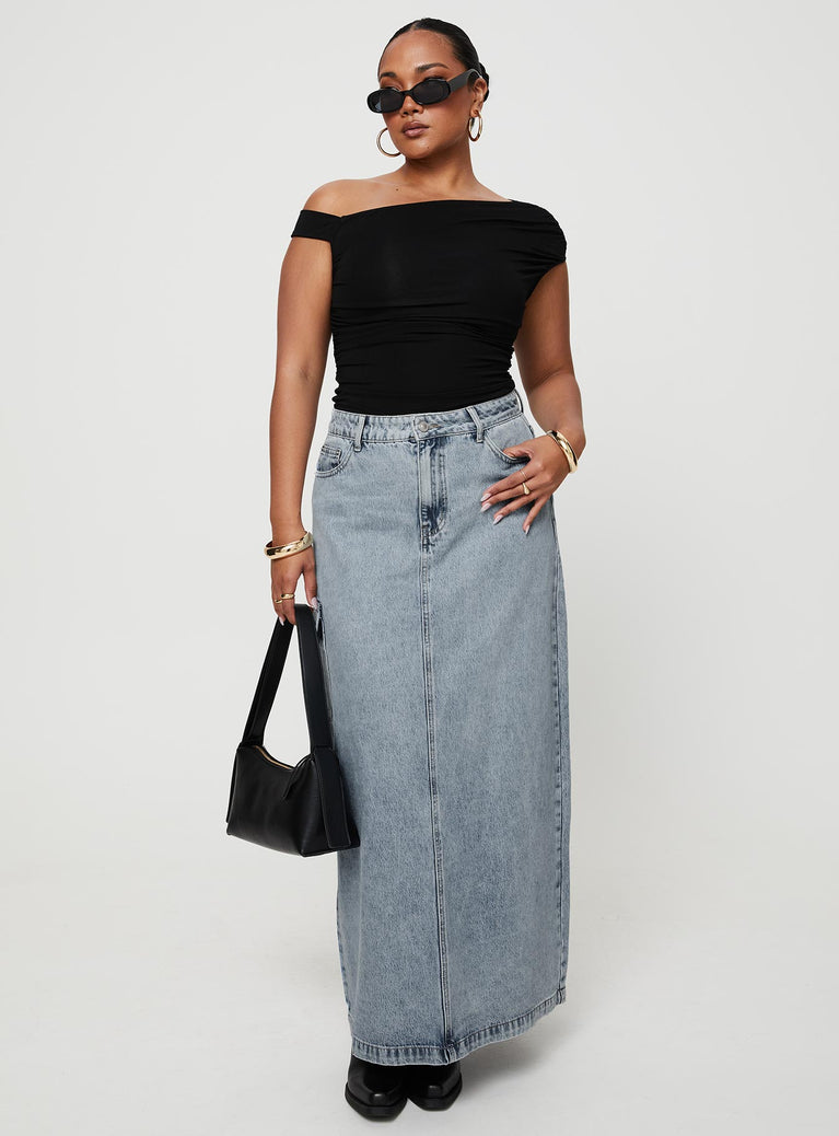   front view of model wearing Princess Polly McGuane Denim Midi Skirt Petite Maxi 