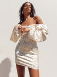 Front view of model wearing  front Princess Polly Boat Neck  Lillie Long Sleeve Mini Dress Floral