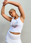 front view of model wearing Princess Polly Def Leppard USA 1983 Tour Cropped Tank White Sleeveless Crew Neck 