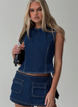 side view of model wearing Princess Polly Countryside Skort Blue Denim Low Rise Shorts 