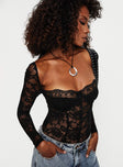 back view of model wearing Princess Polly Cadrot Long Sleeve Lace Bodysuit Black Full Sleeves 