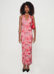 front view of model wearing Princess Polly Maillard Halter Maxi Dress Pink V-Neck 