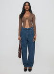 front view of model wearing Princess Polly Forestier Pin Tuck Jeans Mid Blue High Waisted 