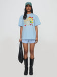 back view of model wearing Princess Polly Grocery Run Oversized Graphic Tee Blue Half Sleeves Crew Neck 