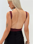 back view of model wearing Princess Polly Coomba Backless Bodysuit Burgundy Sleeveless Scoop Neck 