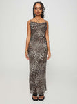 front view of model wearing Princess Polly Declynn Bias Cut Maxi Dress Leopard Asymmetric Neckline 