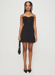 front view of model wearing Princess Polly Fusilloni Mini Dress Black Sweetheart Neckline 