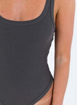 back view of model wearing Princess Polly Camellia Bodysuit Slate Grey Petite Sleeveless Scoop Neck 