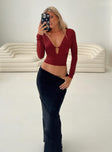 side view of model wearing Princess Polly Maier Long Sleeve Top Red Full Sleeves Plunger 