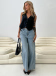 front view of model wearing Princess Polly Jewelz Wide Leg Jeans Light Wash Mid Rise 