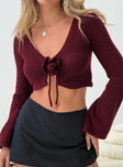 front view of model wearing Princess Polly Rosey Tie Up Long Sleeve Top Burgundy Full Sleeves V-Neck 