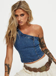 front view of model wearing Princess Polly Malita One Shoulder Top Denim Sleeveless Asymmetric Neckline 